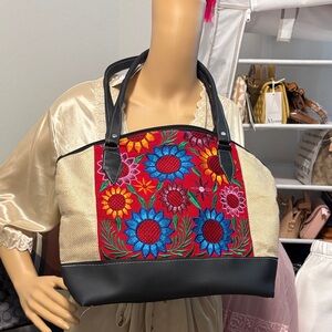 Handcrafted Floral Embroidered Tote Bag - Red
